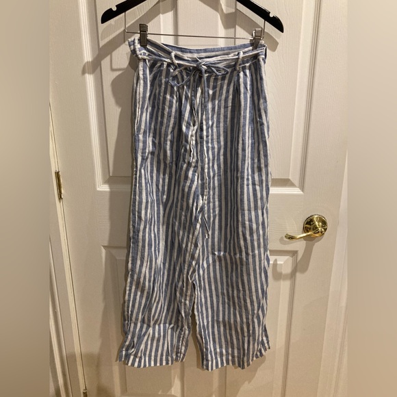 OFFON Cropped Belted Striped Blue White Linen Pants size small - Picture 4 of 5